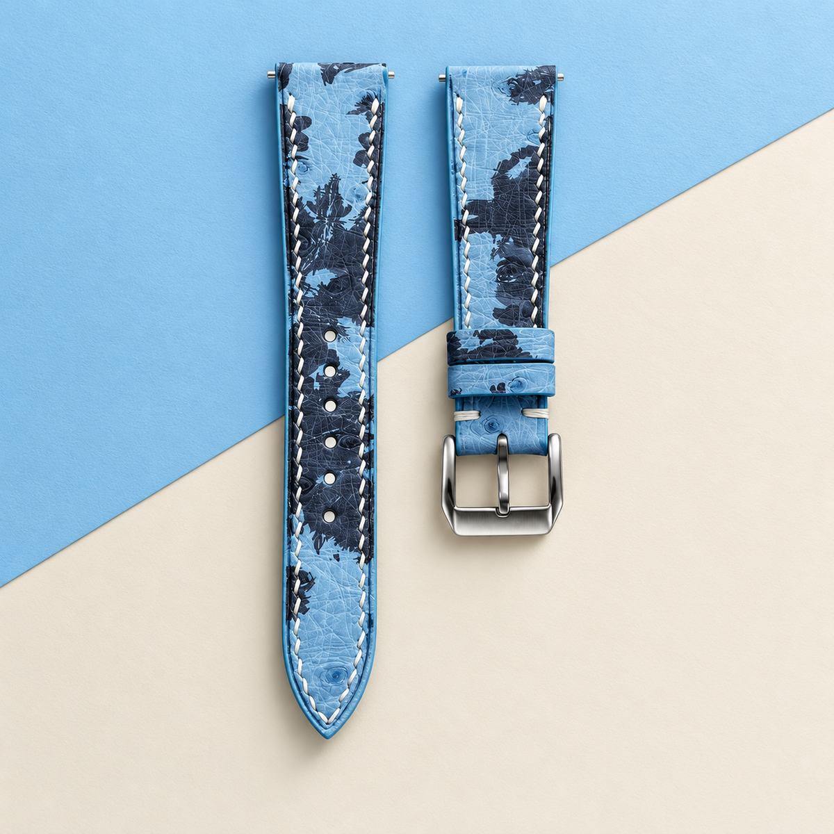 Light Blue Floral Ostrich Leather Watch Strap White Stitch