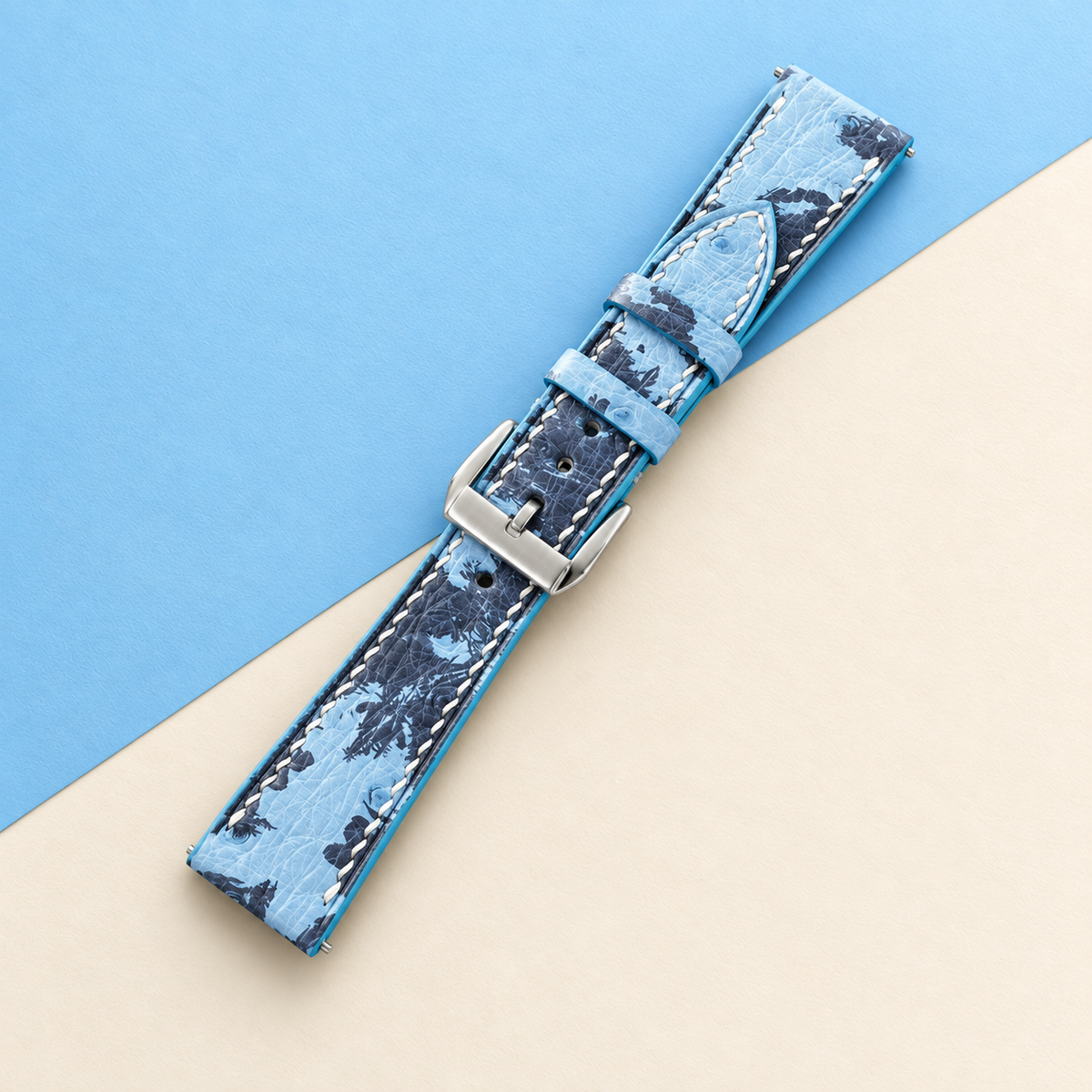 Light Blue Floral Ostrich Leather Watch Strap White Stitch