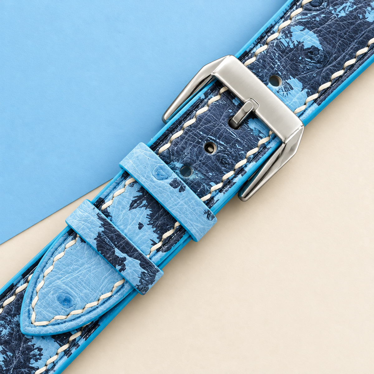 Light Blue Floral Ostrich Leather Watch Strap White Stitch