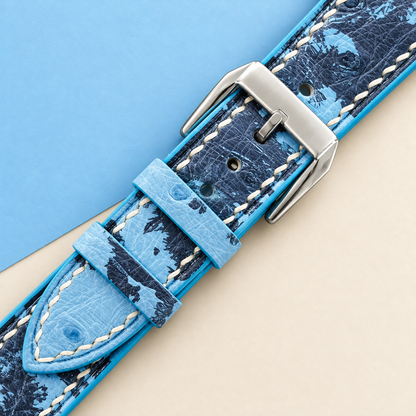 Light Blue Floral Ostrich Leather Watch Strap White Stitch