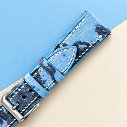 Light Blue Floral Ostrich Leather Watch Strap White Stitch