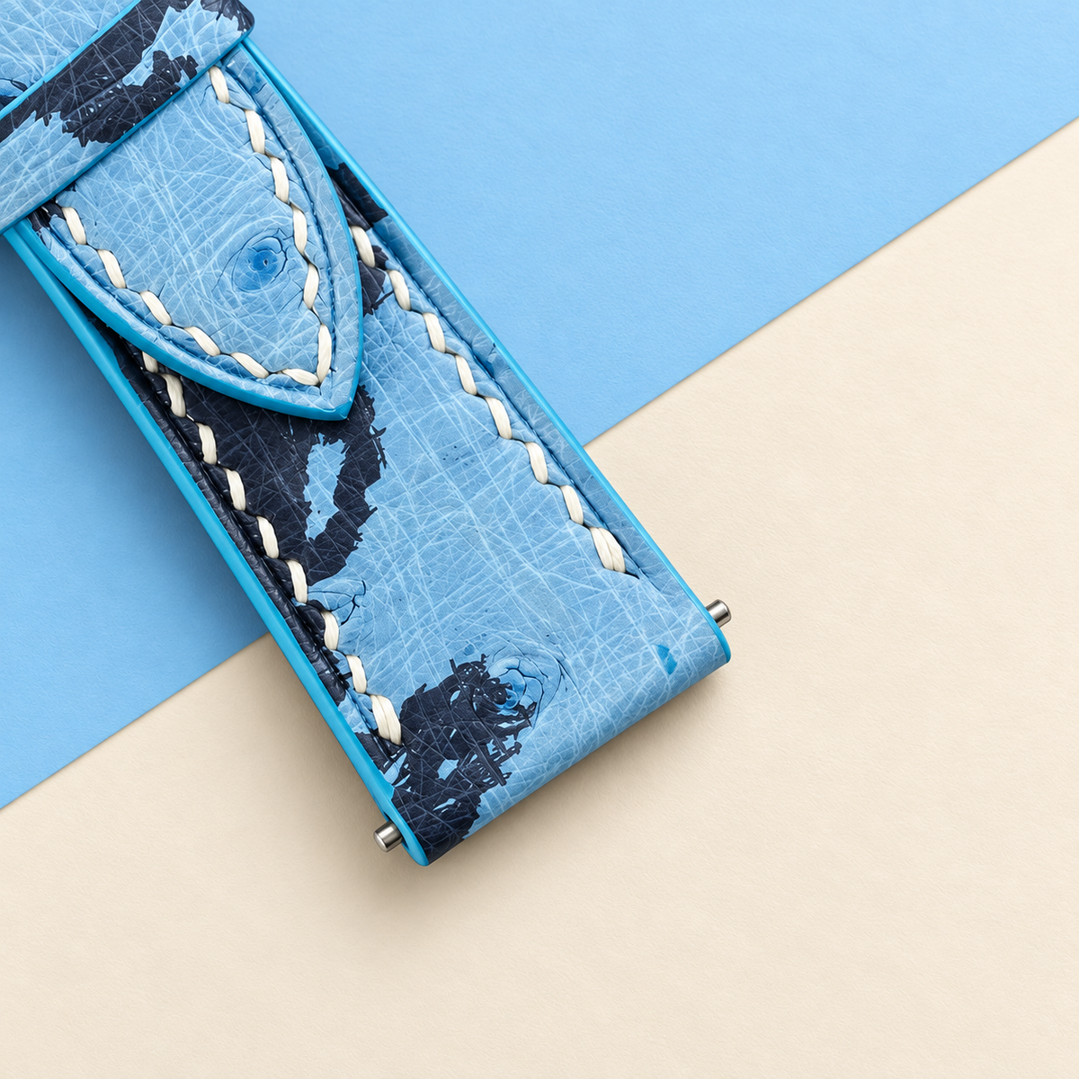 Light Blue Floral Ostrich Leather Watch Strap White Stitch