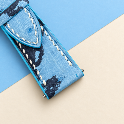 Light Blue Floral Ostrich Leather Watch Strap White Stitch