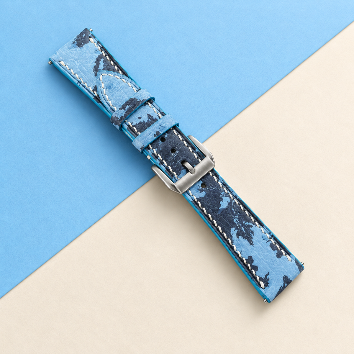 Light Blue Floral Ostrich Leather Watch Strap White Stitch