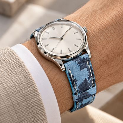 Light Blue Floral Ostrich Leather Watch Strap White Stitch